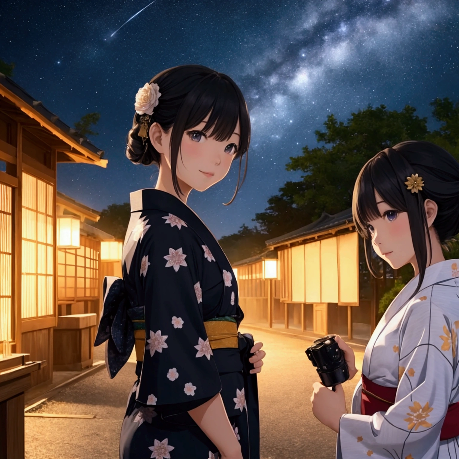 Landscape Photography、wallpaper、Starry Sky、Meteor-like path、Yukata Girls、