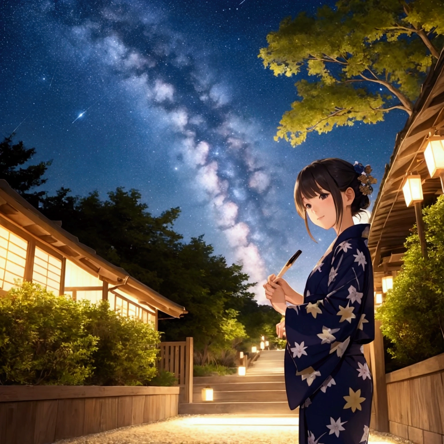 Landscape Photography、wallpaper、Starry Sky、Meteor-like path、Yukata Girls、