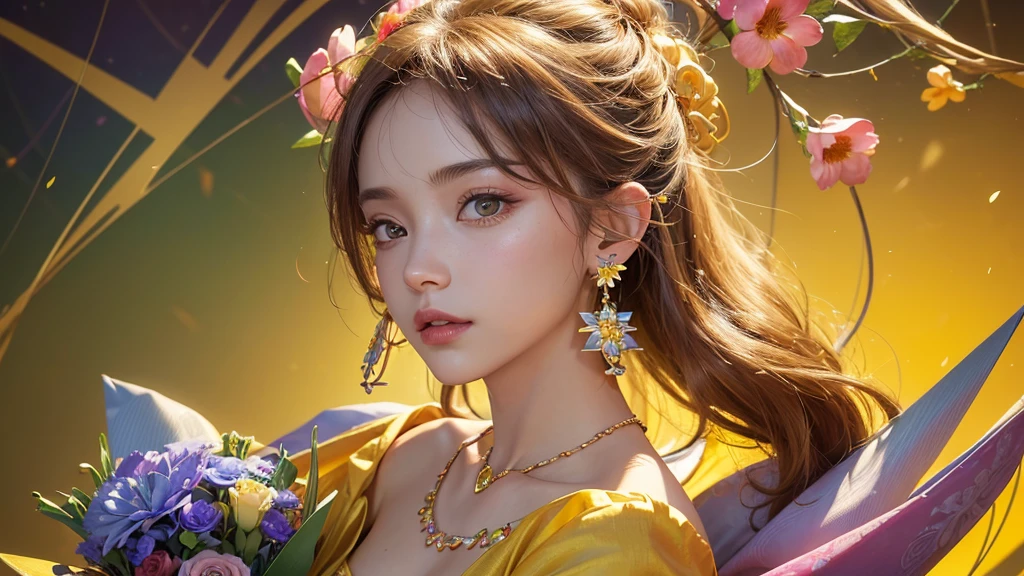 32K, 最高quality, 最高masterpiece, (ultra-Detailed Background, Detailed Background), High resolution, Super detailed, Very detailedな, One girl, (bouquet:1.3), (Tangled:1.2), (Geometric:1.2),(colorful),(masterpiece, quality, best quality, Official Art, Beautiful and beautiful:1.2), (1 girl:1.3), Very detailed,(colorful:1.1)(Flowers:1.3),Most detailed,(Tangled:1.2), whole body, (Abstract background:1.3), (Skin glows), (Many colors:1.4), ,(Earrings Jewelry:1.5), Bright yellow background,