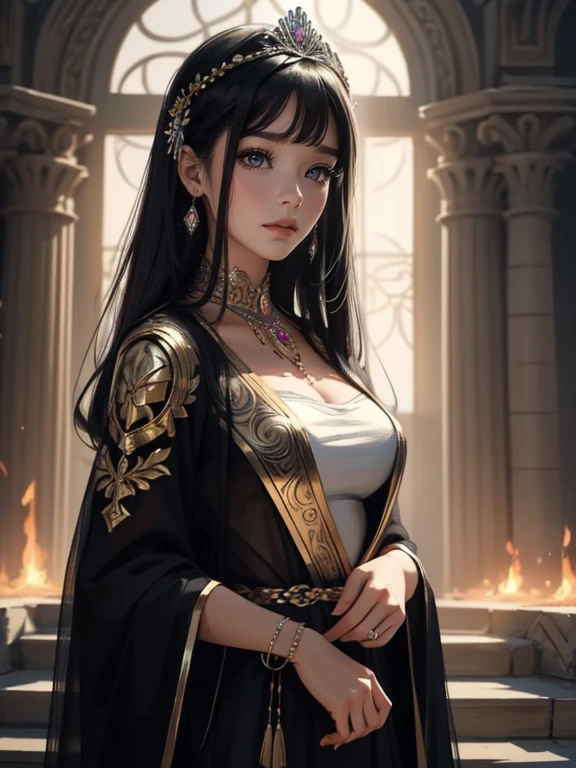 An incredibly beautiful young femme fatale is a brunette with lilac eyes, her long black hair is gathered in a beautiful hairstyle, decorated with flowers, jewelry, she has long bangs, she is a goddess, she wears the clothes of the goddess Athena. She's standing Among the gifts on a battlefield littered with dead bodies, her eyes are burning. a fire. Realistic image. Masterpiece, perfect image, realistic photos, full-length image, 8k, detailed image, extremely detailed illustration, a real masterpiece of the highest quality, with careful drawing.