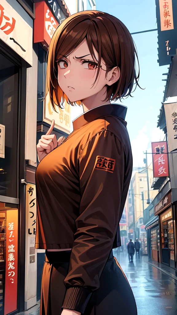 (high res, 8K, masterpiece, looking at viewer, best quality, very aesthetic, ultra detailed, ultra background, ultra Eyes), intricate details, 1girl, Nobara Kugisaki, jujutsu school clothes, Short brown hair, orange Eyes, Angry Face, in front of a clothing store, pointing to clothes in the shop, Background City, Cinematic Angle