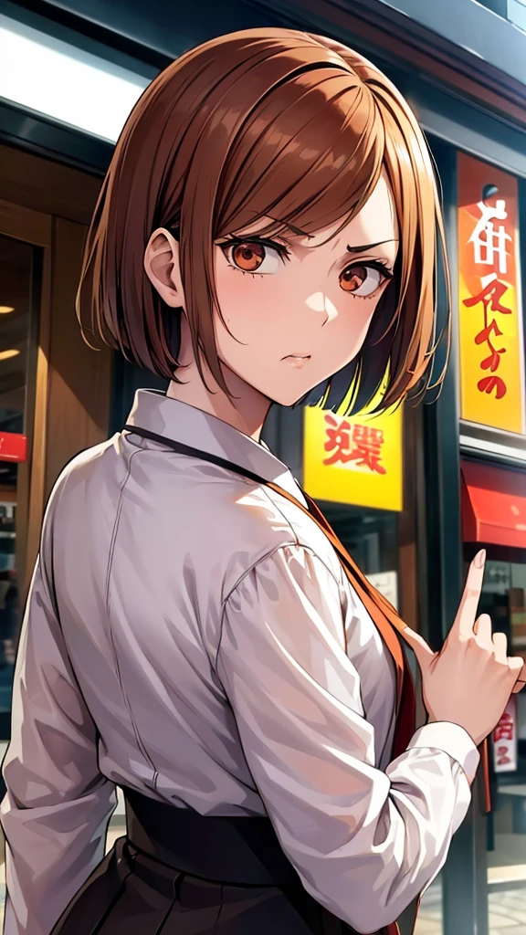 (high res, 8K, masterpiece, looking at viewer, best quality, very aesthetic, ultra detailed, ultra background, ultra Eyes), intricate details, 1girl, Nobara Kugisaki, jujutsu school clothes, Short brown hair, orange Eyes, Angry Face, in front of a clothing store, pointing to clothes in the shop, Background City, Cinematic Angle