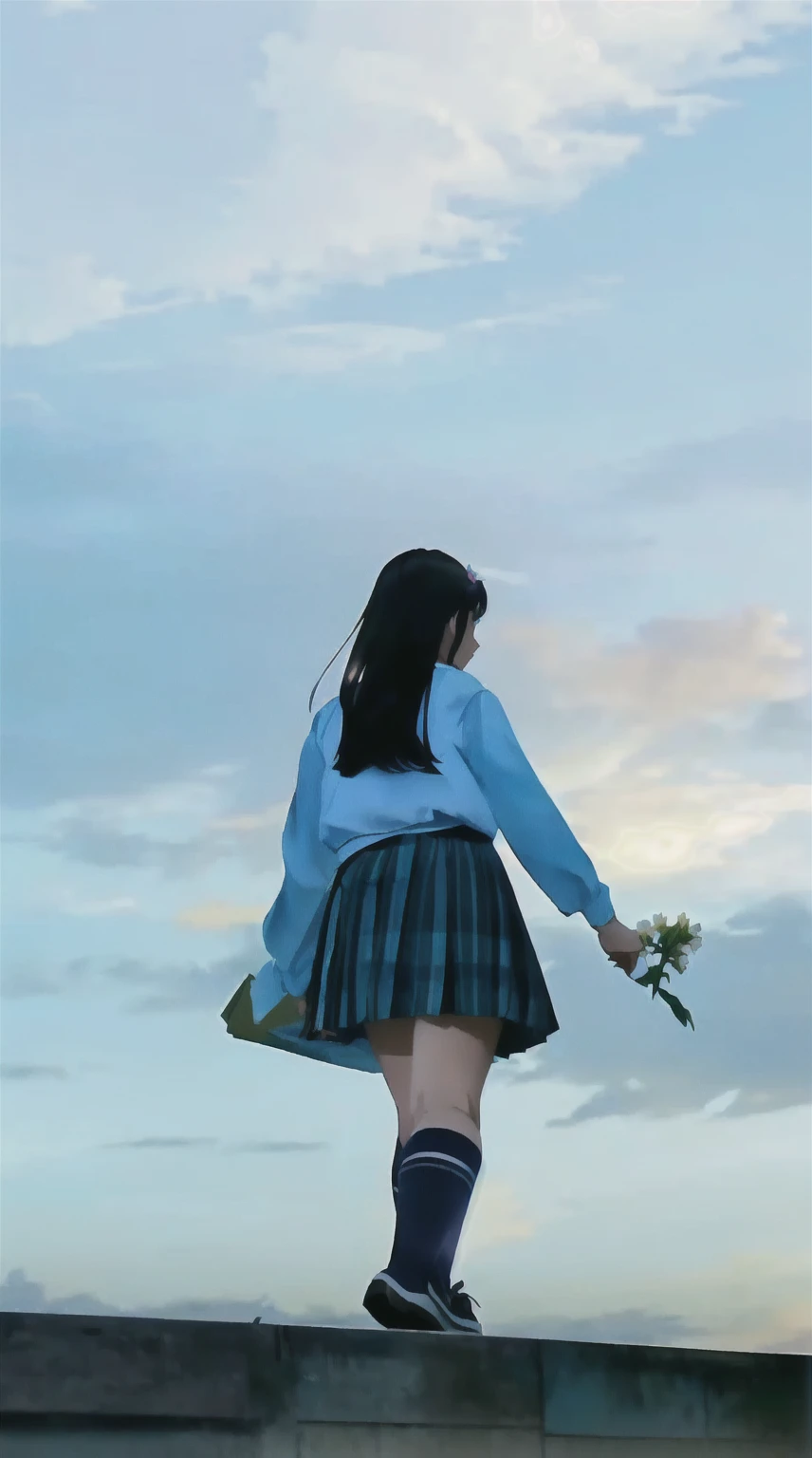 there is a woman in a skirt and a blue shirt holding a flower, seifuku, in style of makoto shinkai, picking up a flower, makoto shinkai. digital render, style of makoto shinkai, she is approaching heaven, a hyperrealistic , looking to the sky, makoto shinkai style, hyperrealistic 