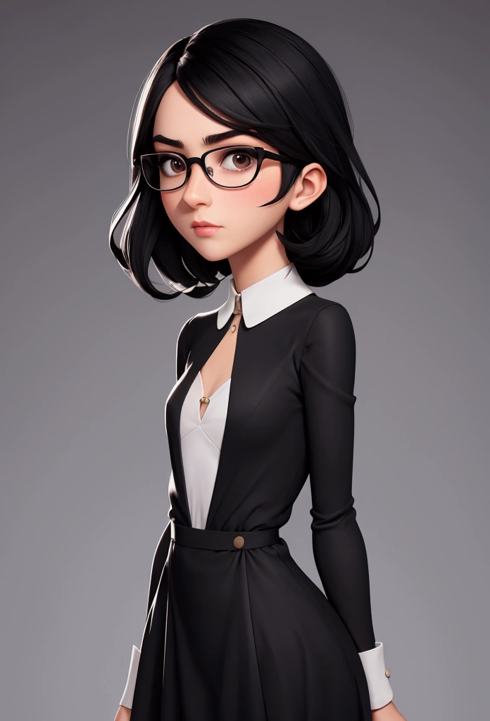 tight,pretty face,tall,white,black hair,glasses, full body, perfect body, medium , small nose, blushing
beautiful black dress