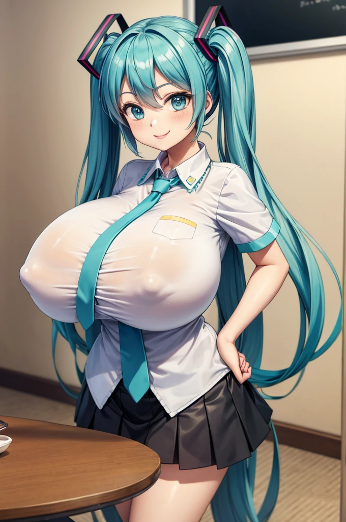(Peace Table, Highest quality:1.2), Cowboy Shot, alone, One Girl, Hatsune Miku, smile, View your viewers, Put your hands on your hips, Hair Ribbon, shirt,puffy short sleeve, skirt, wing, (Big Breasts:1.5),(Protruding nipples:1.1)