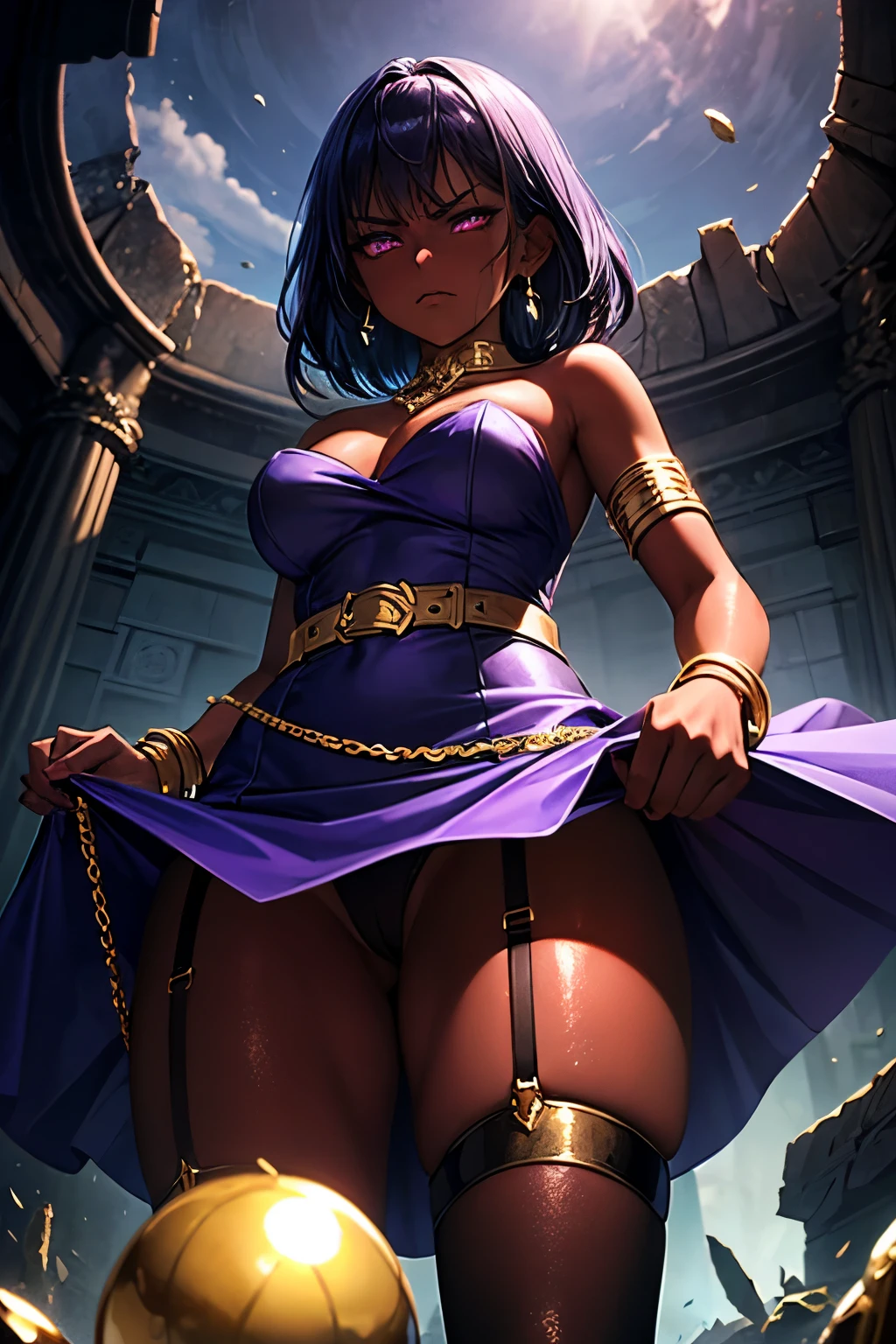 purple dress, strapless dress, gold accessories, gold belt, gold thigh garter, gold necklace, gold earrings, gold bracelet, gold armlet, witch, shade on her face, upskirt, angry face, energy ball on her hand, view from below, ruins of a temple, lustrous dark skin, purple iridescent hair, glowing purple eyes