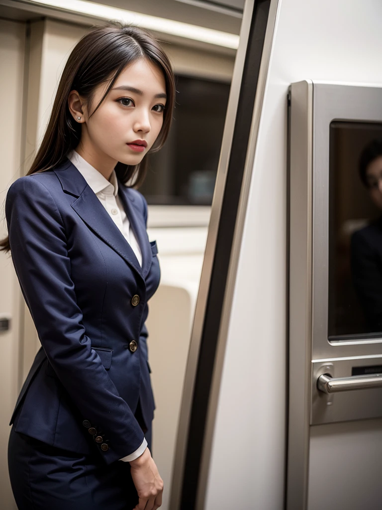 Highest quality, masterpiece, 8k, Ultra-high resolution, (Realistic: 1.4), 1 girl, Beautiful Face, Symmetrical eyes, big, Perfect Body Proportions, Stewardess Uniform, The viewer&#39;s gaze, (Inside the plane: 1.2), Front view, Shoulder jumps, Absolute area (1.3),