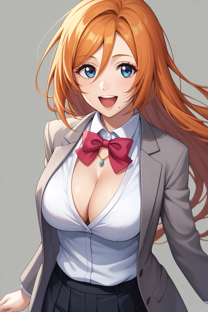 score_9, score_8_up, score_7_up,score_6_up, score_5_up, score_4_up , 1girl, solo, inoue orihime, long hair, orange hair, brown eyes, , blazer, grey blazer, shirt, white shirt, collared shirt, bowtie, red bowtie, defran, short hair, hair between eyes, orange hair, blue eyes, mole under mouth, necklace, black robes, pink scarf, cleavage, white sash, black hakama pants, large breasts, happy, open mouth, cowboy shot, simple background