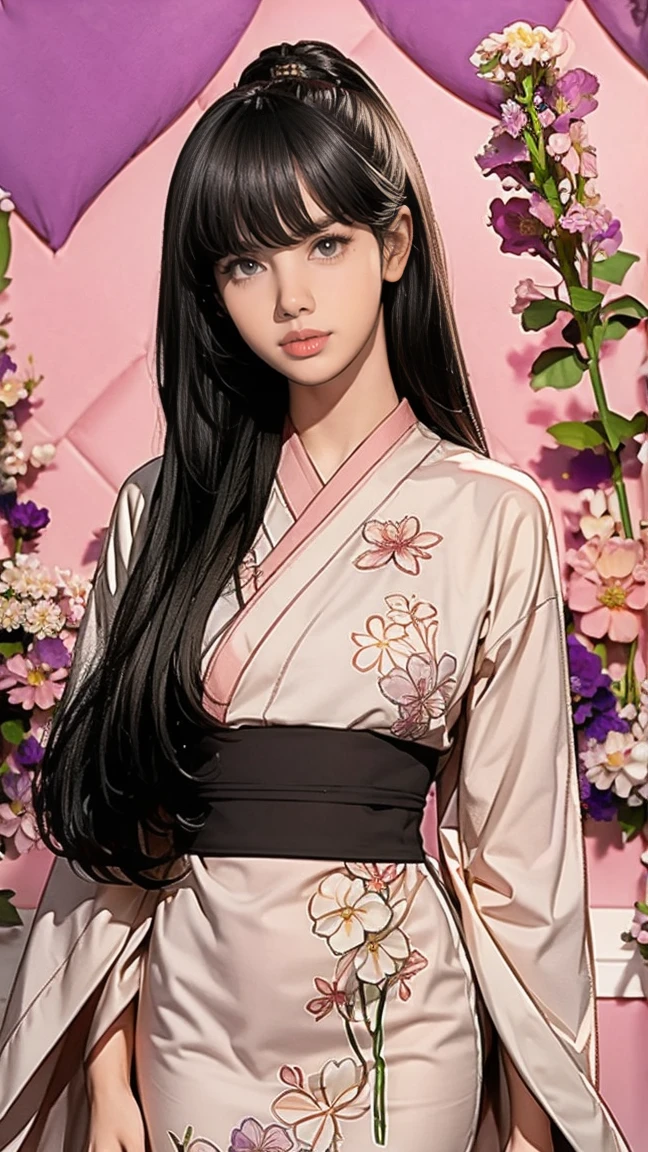 Lalisa thai Hair bangs longs sexy Girls Kimono black flower