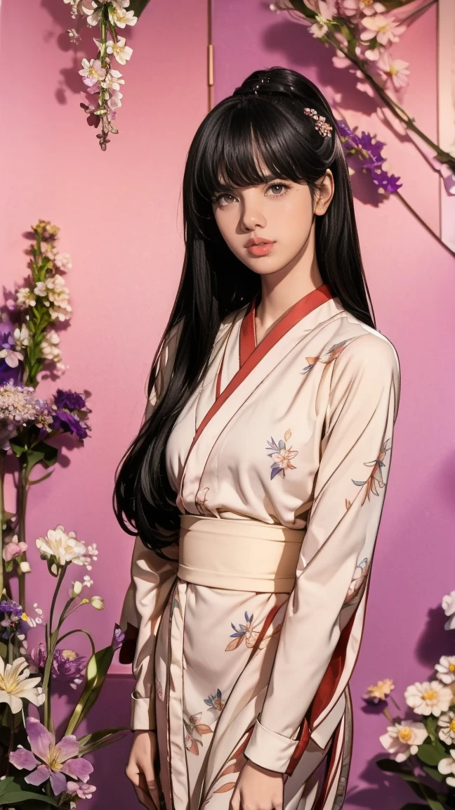 Lalisa thai Hair bangs longs sexy Girls Kimono black flower