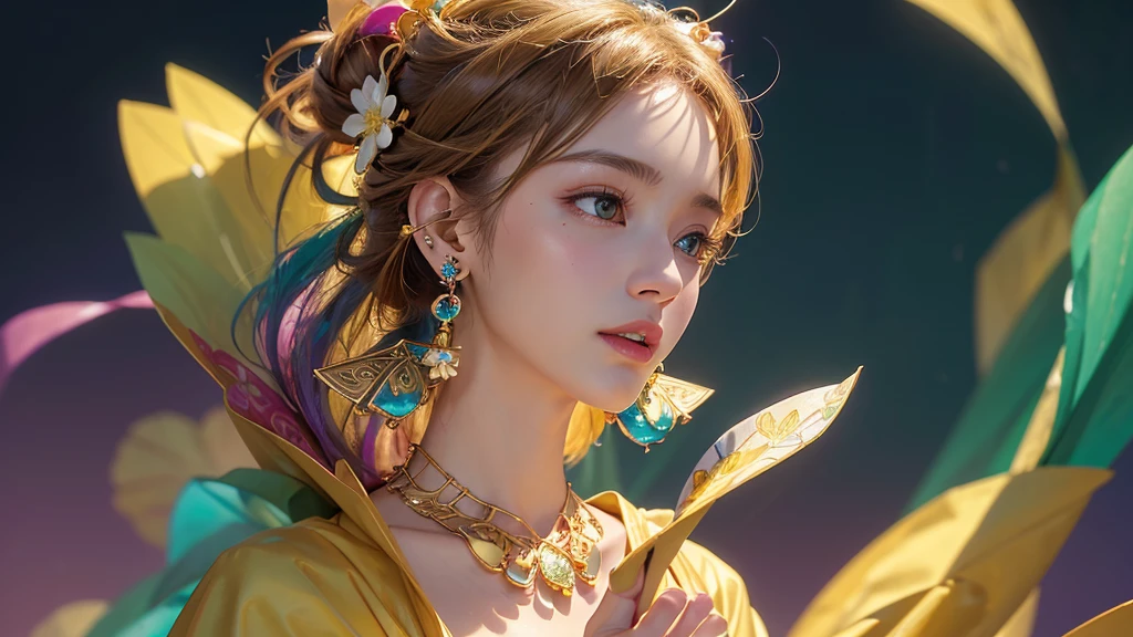 32K, 最高quality, 最高masterpiece, (ultra-Detailed Background, Detailed Background), High resolution, Super detailed, Very detailedな, One girl, (bouquet:1.3), (Tangled:1.2), (Geometric:1.2),(colorful),(masterpiece, quality, best quality, Official Art, Beautiful and beautiful:1.2), (1 girl:1.3), Very detailed,(colorful:1.1)(Flowers:1.3),Most detailed,(Tangled:1.2), whole body, (Abstract background:1.3), (Skin glows), (Many colors:1.4), ,(Earrings Jewelry:1.5), Bright yellow background,
