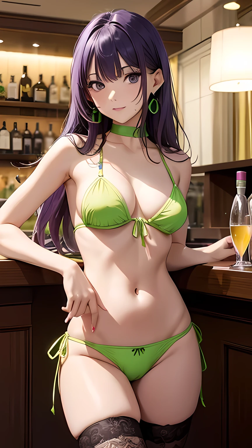 masterpiece,Ultra-high resolution、Highest quality、Hotel Bar、Sexy pose、Green Hair、Long Hair:1.2, Purple eyes, Sexy look、Tilt your head、Big earrings:1.5,、Model walking、Small breasts、the body is slim、Tight waist、Spread your legs,Cowboy Shot、Yellow-green eyepatch bikini、Purple and lime green mini bikini skirt、A small glimpse of her plain lime green panties.、Purple thighhighs、Underwear Focus