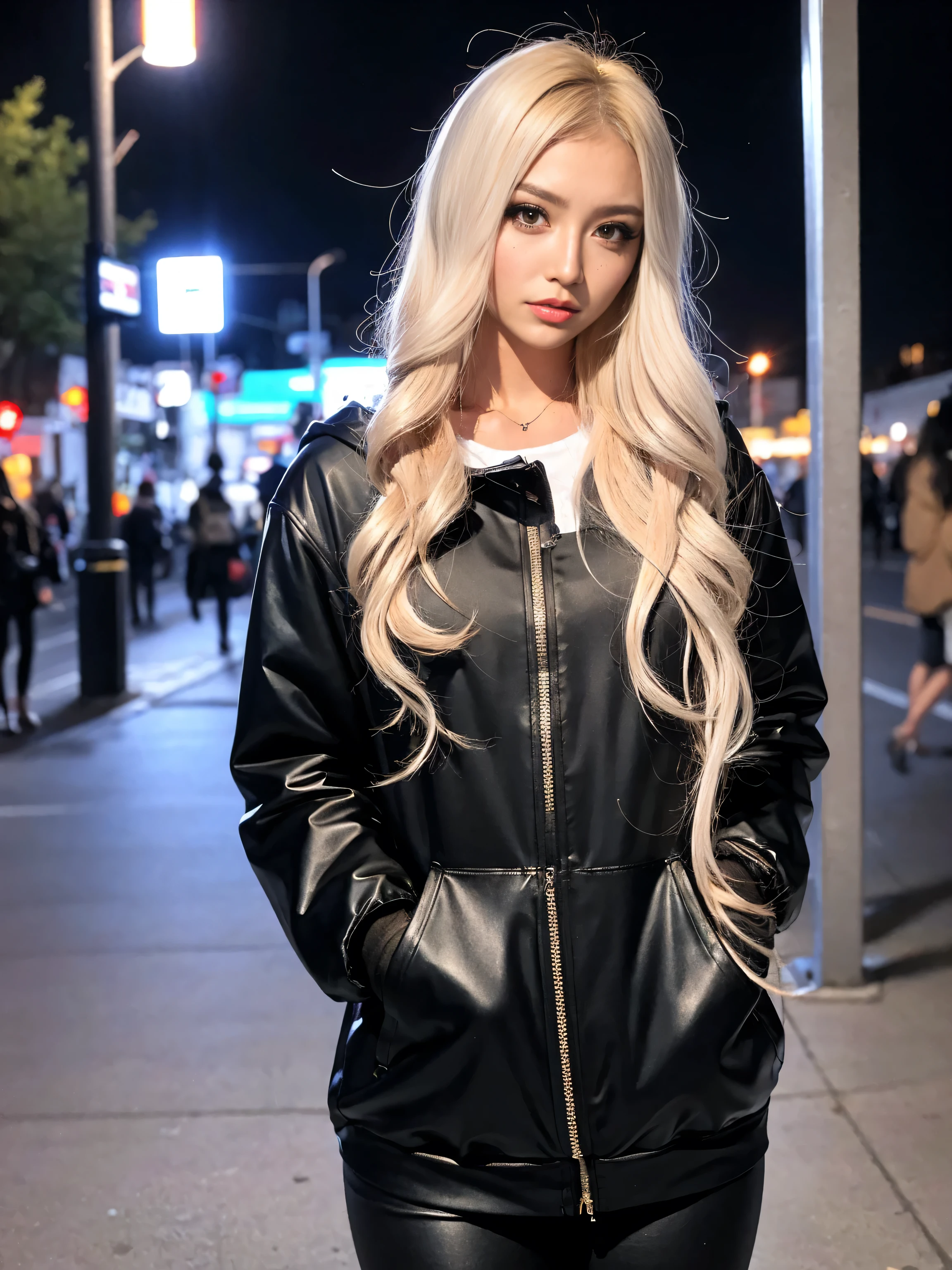 1黒のパーカーを着たGal,横face, 美しい横face, Looking down, sad, night,moonlight,Exterior lights,Gal, Hooded parka,masterpiece, Highest quality, Realistic, face,, Beautiful girls, cute, Written boundary depth, High resolution, Super detailed, detailed, pale, Sunburned skin,woman,blonde,Platinum Hair,Brown Hair,orange,Wavy Hair,Shortcuts,building,intersection,stage,Pedestrian bridge,vending machine,night,深night,Blurred Background:1.2