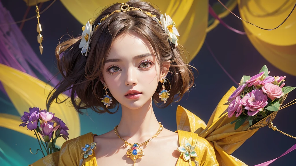 32K, 最高quality, 最高masterpiece, (ultra-Detailed Background, Detailed Background), High resolution, Super detailed, Very detailedな, One girl, (bouquet:1.3), (Tangled:1.2), (Geometric:1.2),(colorful),(masterpiece, quality, best quality, Official Art, Beautiful and beautiful:1.2), (1 girl:1.3), Very detailed,(colorful:1.1)(Flowers:1.3),Most detailed,(Tangled:1.2), whole body, (Abstract background:1.3), (Skin glows), (Many colors:1.4), ,(Earrings Jewelry:1.5), Bright yellow background,