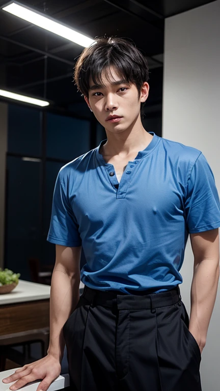 solo , 1man , thai man , blue shirt with collar , black Long pants , happy