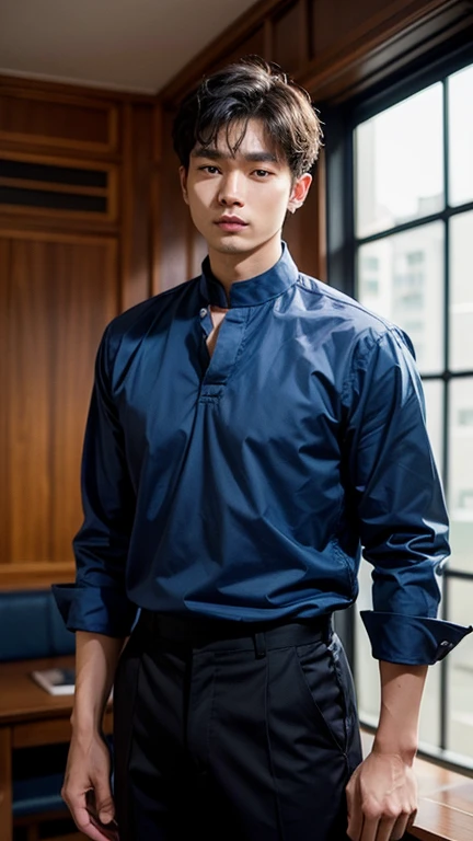 solo , 1man , thai man , blue shirt with collar , black Long pants , happy