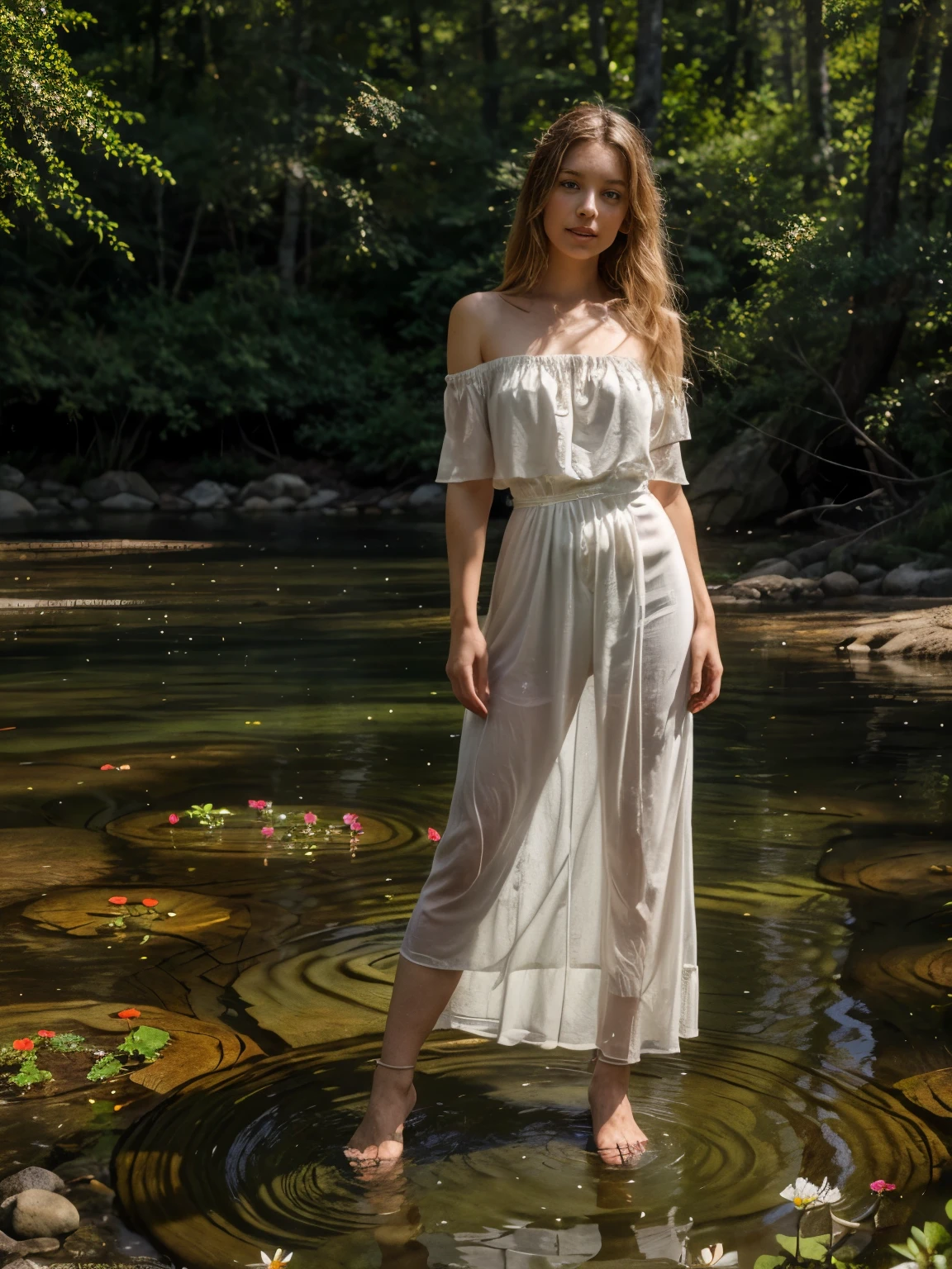 Portrait of a blond, slender, slightly smiling, seductive woman in a happy mood. She is standing near the camera, enjoying herself and the view across the lake. Her curly blond hair, tousled by the wind, frames her face, enhancing her blue eyes and radiant smile. She wears only an off-shoulder white transparent silk blouse with colorful flower prints, its delicate fabric flowing softly over her sun-kissed body. She completes her look with white summer heels, adding a touch of elegance to her graceful and alluring stance.
The scene is set on a hot summer day with high contrast between the bright sunlight and the shadows cast by the large stones around the lake. The sun glistens on the water's surface, creating a sparkling effect. The natural stones along the lakeside enhance the beauty and safety of the area. Wildflowers in many colors grow between the rocks, adding splashes of vibrant hues to the serene landscape. The lush vegetation around the lake is vibrant and thriving after a recent rain. The wild forest can be seen in the far distance, adding to the sense of wilderness. Some koi fish swim near the shore, seeking refuge in the shadows of the stones. The combination of the sun, the shadows, and the gentle breeze creates a peaceful and visually striking scene, with the woman standing and enjoying the pristine beauty of the Canadian wilderness.
Goldfish, water lilies, dragonflies, moss-covered rocks, cattails, willow tree, blooming wildflowers, daisies, butterfly, pebble path, wild grasses, ferns, reeds, lily pads, tall pine trees, maple trees, spruce trees, birch trees, fallen leaves, mushrooms, wild berries, mossy logs, clover patches, dragonflies, bees, birds, squirrels, chipmunks, rabbits, deer, wild ducks, turtles, herons, hawks, eagles, otters, frogs, salamanders, fresh water springs, natural rock formations, forest underbrush, forest canopy, fallen branches, tree stumps, wildflowers in bloom.