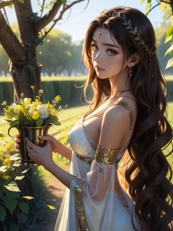 An incredibly beautiful young femme fatale with brown hair with green eyes, her long curly chocolate hair is gathered in a beautiful hairstyle, decorated with flowers, jewelry, she has long bangs, she is a goddess, she wears the clothes of the goddess Hera. She is standing in a grape field, holding a jug on her shoulder. Realistic image. Masterpiece, perfect image, realistic photos, full-length image, 8k, detailed image, extremely detailed illustration, a real masterpiece of the highest quality, with careful drawing.
