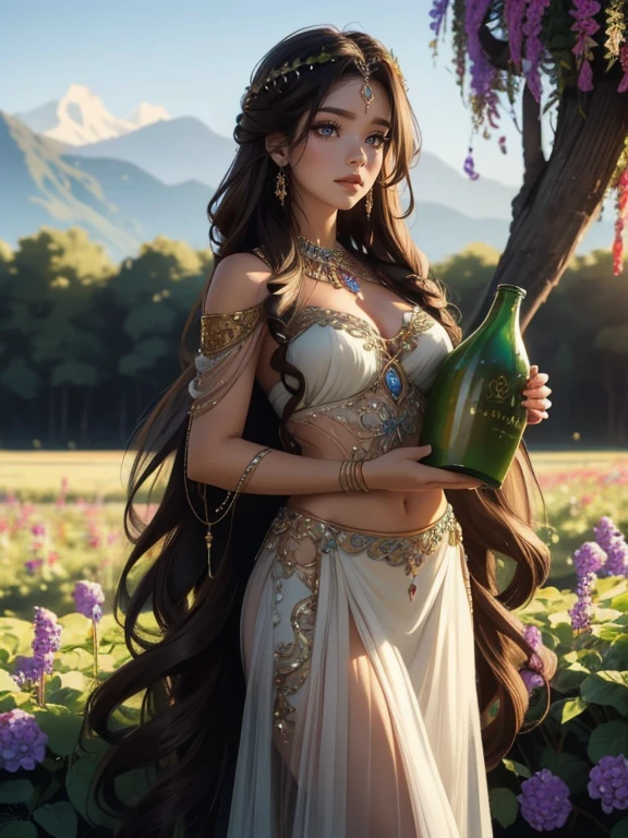 An incredibly beautiful young femme fatale with brown hair with green eyes, her long curly chocolate hair is gathered in a beautiful hairstyle, decorated with flowers, jewelry, she has long bangs, she is a goddess, she wears the clothes of the goddess Hera. She is standing in a grape field, holding a jug on her shoulder. Realistic image. Masterpiece, perfect image, realistic photos, full-length image, 8k, detailed image, extremely detailed illustration, a real masterpiece of the highest quality, with careful drawing.