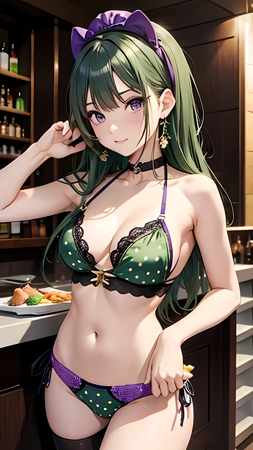 masterpiece,Ultra-high resolution、Highest quality、Hotel Bar、Sexy pose、Green Hair、Long Hair:1.2, Purple eyes, Sexy look、Tilt your head、Big earrings:1.5,、Model walking、Small breasts、the body is slim、Tight waist、Spread your legs,Cowboy Shot、eyepatch bikini、Purple and yellow-green polka dot mini bikini skirt、A small glimpse of her plain lime green panties.、Purple thighhighs、Underwear Focus