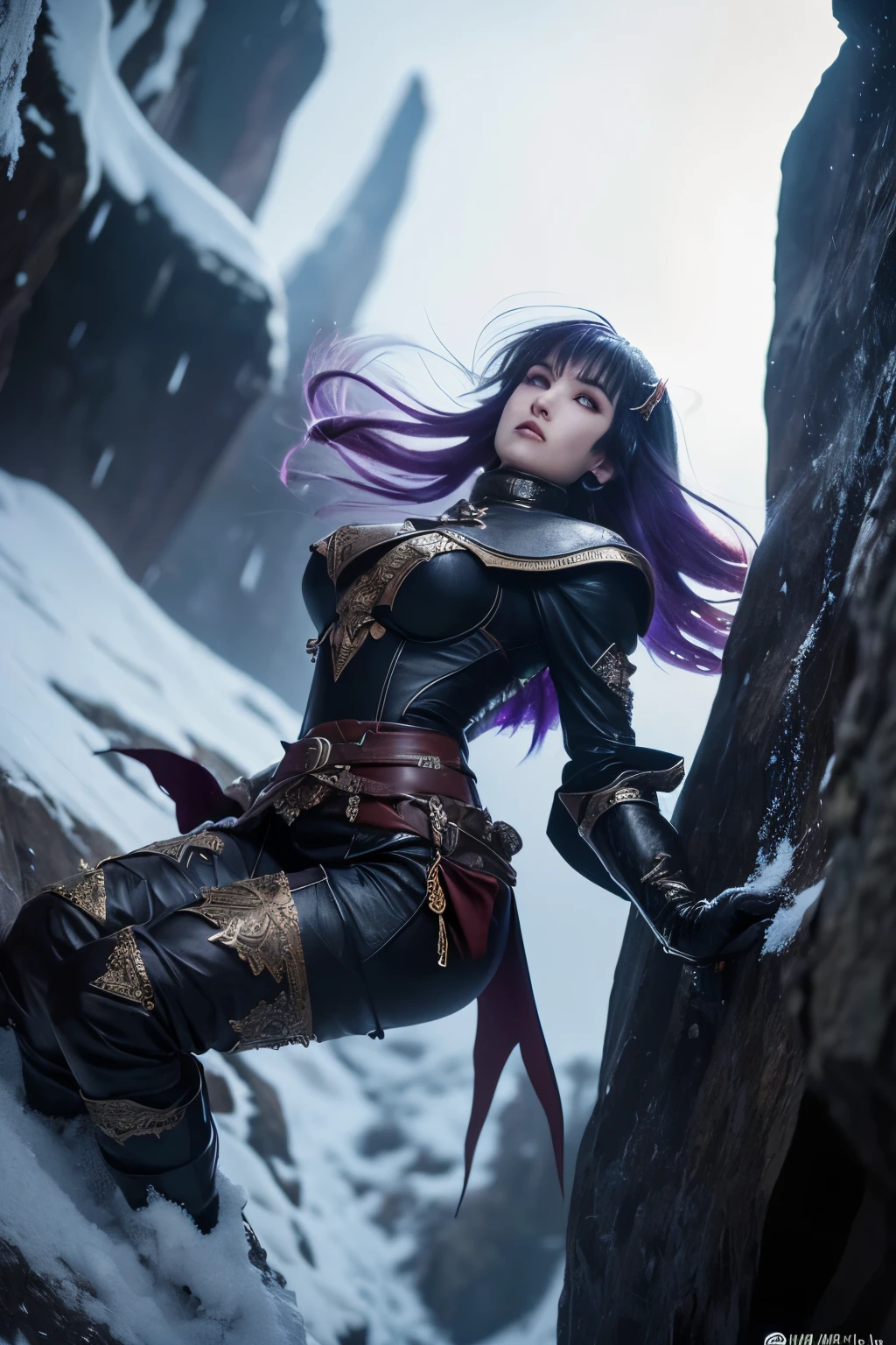 (Ultra-detailed face, looking away, Fantasy Illustration with Gothic, Ukiyo-e, Comic Art, Rich colors), 
BREAK 
(In this mysterious forest in this extremely cold region, there are steep cliffs that defy human intrusion. Rock surfaces are frozen and covered with snow. Snow is falling heavily.), 
BREAK 
(DarkElves: A middle-aged dark elf woman with silver color hair, blunt bangs, bob cut and dark purple color skin, lavender color eyes), 
BREAK 
(DarkElves: A female dark elf explorer wears a rain cape and boots over laced wool armor.), 
BREAK 
(Climbing: Dark elf female explorer clings to a frozen cliff 500 meters up in a snowstorm, then jumps in a bold pose to another remote cliff with a big jump.), (Angle looking up at the dark elf female explorer, low angle, elevated view.)