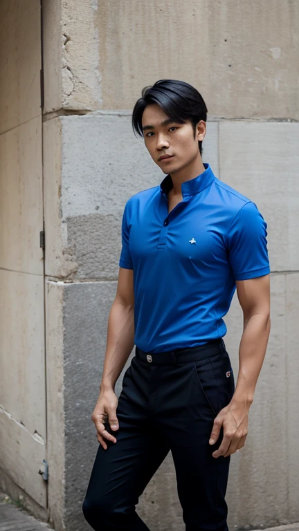 solo , 1man , thai man , blue shirt with collar , black Long pants , happy