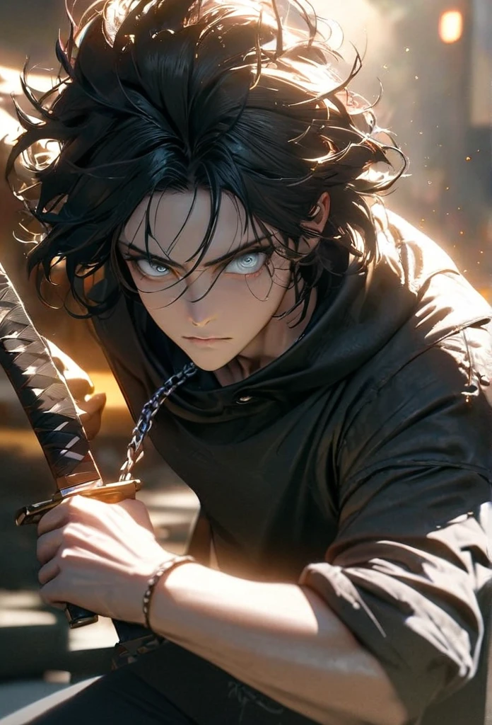 (solo), masculine, black hair, messy hair, mane hair, short hair, dense hair, wild hair, expressive hair, mature,(25 year old), pale skin, grey eyes, ((man)), teacher, wearing black shirt, rolled up sleeves, black long pants, One shoulder has shoulder armor, black cape covering one arm, detailed eyes, dark, hood, the background is space in china. Silver chains everywhere, attractive, eye reflection, depth of field, thunder aura, cinematic lighting, ray tracing, depth of field, cinematic lighting, ray tracing, UHD, high details, best quality, highres, high quality, award winning, super detail, masterpiece, 8k, UHD, high details, best quality, highres, high quality, award winning, super detail, masterpiece, 8k, digital art, anime coloring, full body, body shot, good face, perfect face, detailed face, good eyes, in a fighting position, holding a sword.
