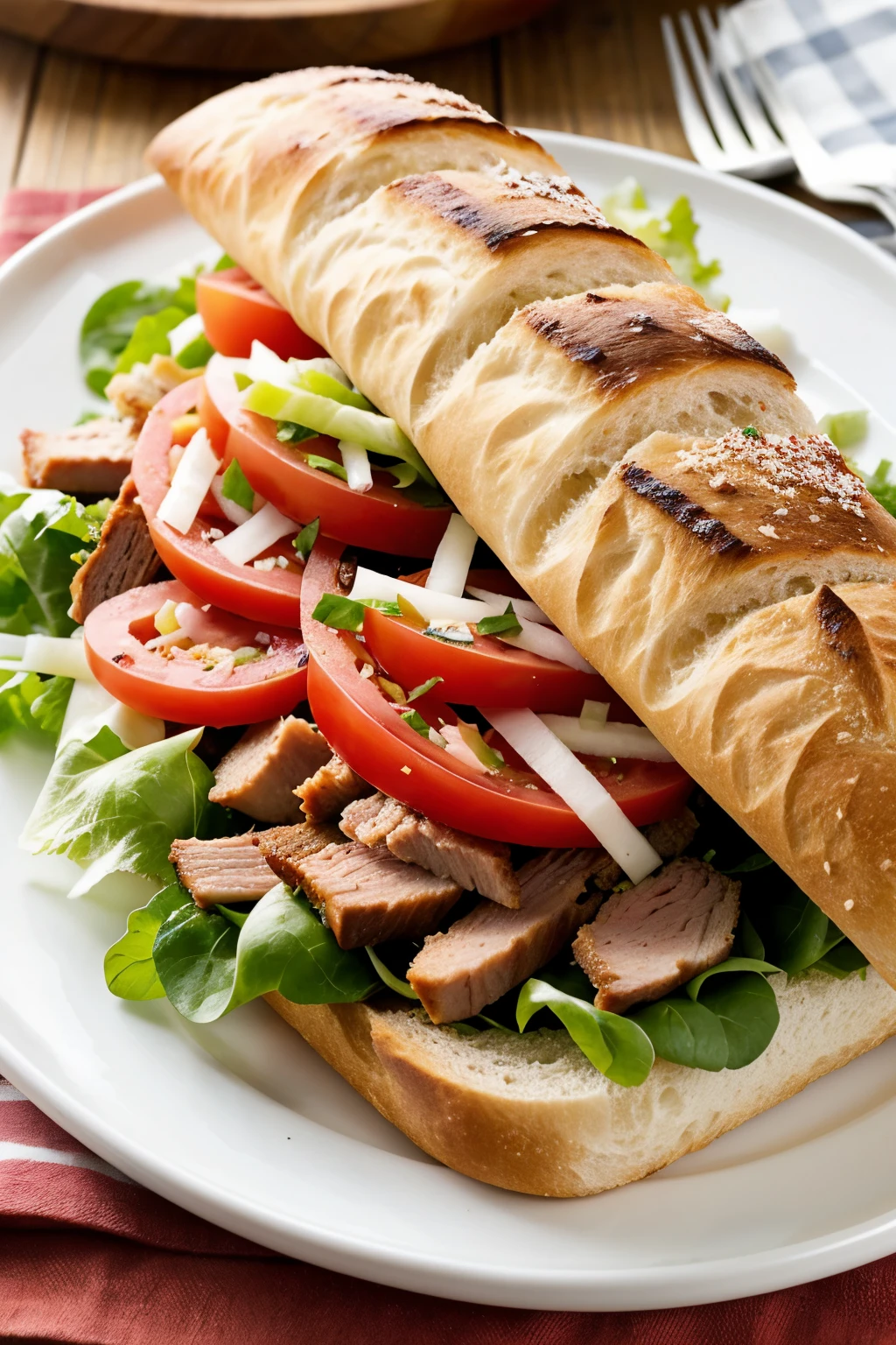 Baguette with shredded pork tomato and lettuce