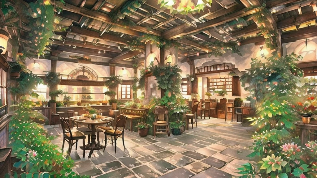 there is a room with a lot of plants and a window, studio ghibli sunlight, cozy cafe background, ghibli studio style, cafe interior, studio ghibli environment, cottagecore!!, beautiful screenshot, a multidimensional cozy tavern, floral environment, coffee shop, flower shop scene, detailed scene, highly detailed scene, cafe, cozy and peaceful atmosphere