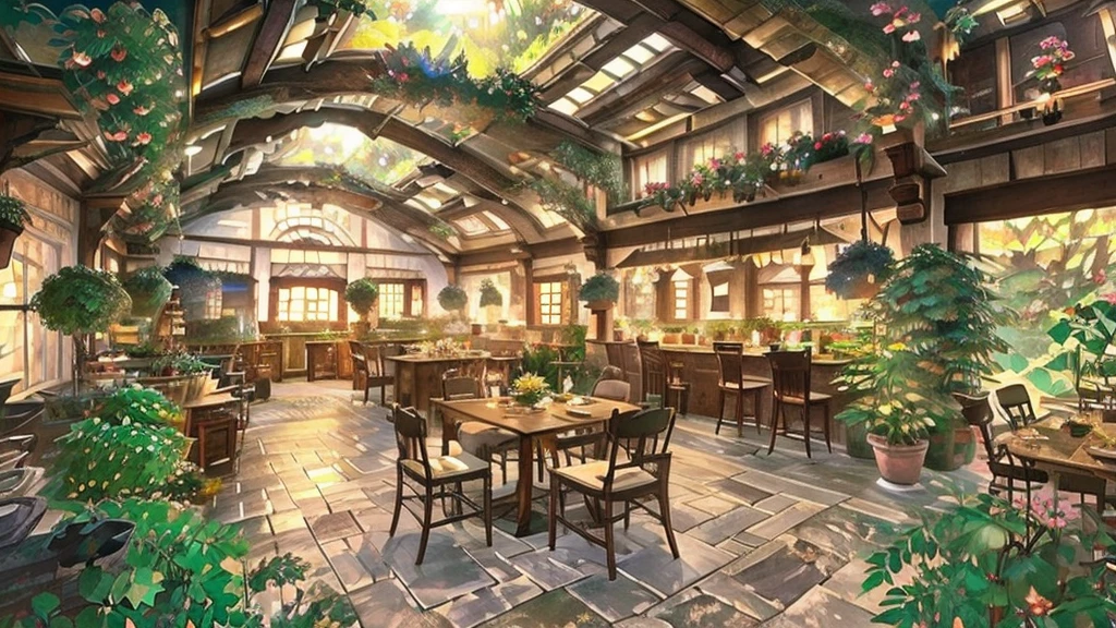 there is a room with a lot of plants and a window, studio ghibli sunlight, cozy cafe background, ghibli studio style, cafe interior, studio ghibli environment, cottagecore!!, beautiful screenshot, a multidimensional cozy tavern, floral environment, coffee shop, flower shop scene, detailed scene, highly detailed scene, cafe, cozy and peaceful atmosphere