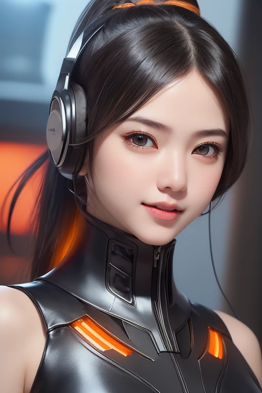 Top Quality, Masterpiece, Ultra High Resolution, (Photorealistic: 1.4), Raw Photo, 1 Girl, Black Hair, Glossy Skin, 1 Mechanical Girl, (((Ultra Realistic Details)), Portrait, Global Illumination, Shadows, Octane Rendering, 8K, Ultra Sharp, Intricate Ornaments Details, realistic skin, sweat effect, ((wearing Headphone)), very intricate detail, realistic light, CGSoation trend, brown eyes, glowing eyes, matte black and glossy orange mechanical bodysuit, Long hair, black hair, Ponytail hair, Half body shot, spaceship bridge background, dynamic pose, cute smile, close up, Open Mouth, 