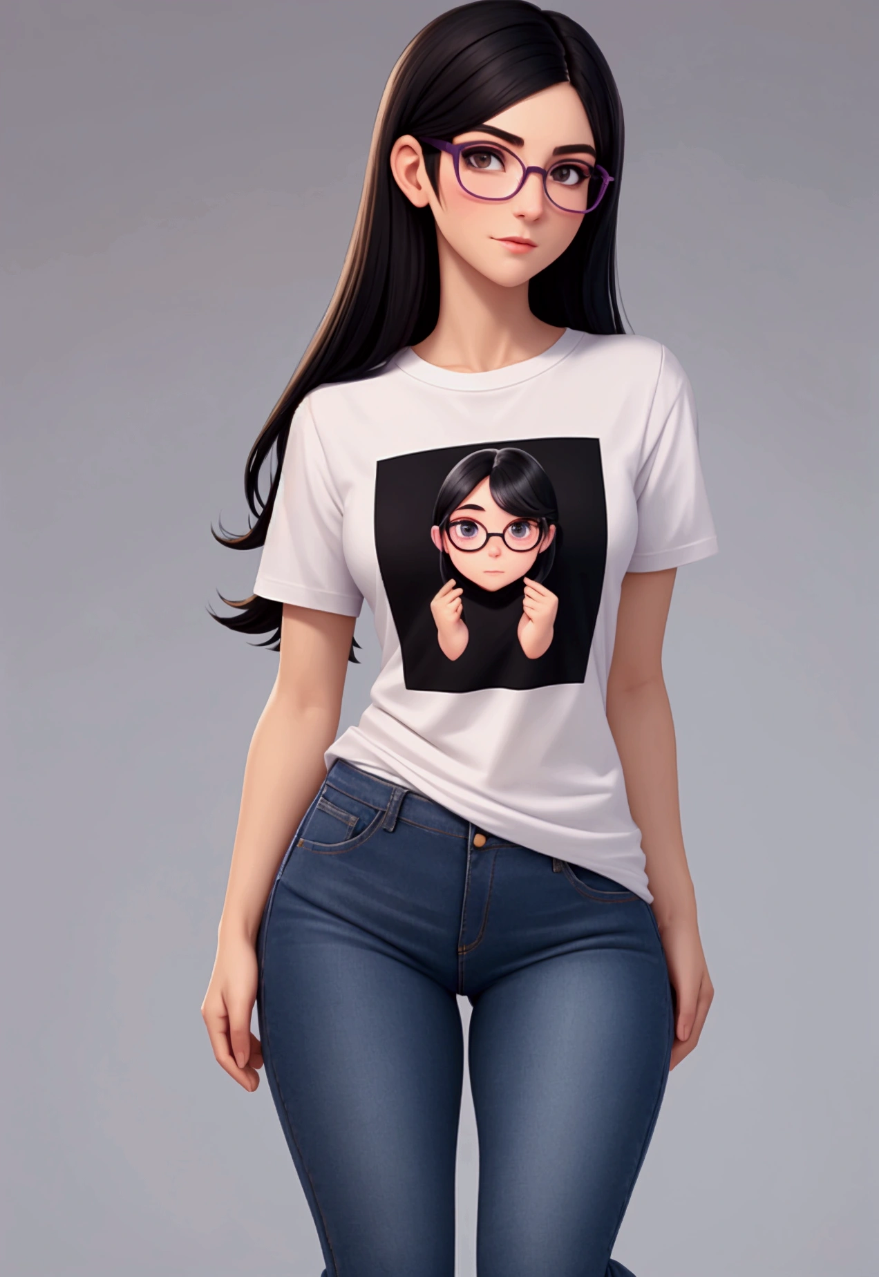 tight,pretty face,tall,white,black hair,glasses, full body, perfect body, medium , small nose, blushing, jeans, purpure t-shirt ,shoes