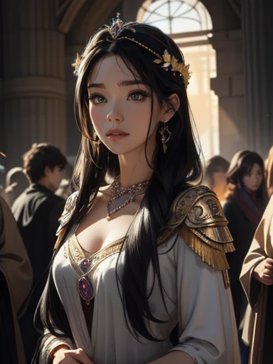 An incredibly beautiful young femme fatale is a brunette with lilac eyes, her long black hair is gathered in a beautiful hairstyle, decorated with flowers, jewelry, she has long bangs, she is a goddess, she wears the clothes of the goddess Athena. She's standing Among the gifts on a battlefield littered with dead bodies, her eyes are burning. a fire. Realistic image. Masterpiece, perfect image, realistic photos, full-length image, 8k, detailed image, extremely detailed illustration, a real masterpiece of the highest quality, with careful drawing.