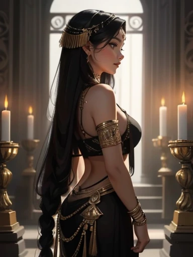 An incredibly beautiful young femme fatale is a brunette with lilac eyes, her long black hair is gathered in a beautiful hairstyle, decorated with flowers, jewelry, she has long bangs, she is a goddess, she wears the clothes of the goddess Athena. She's standing Among the gifts on a battlefield littered with dead bodies, her eyes are burning. a fire. Realistic image. Masterpiece, perfect image, realistic photos, full-length image, 8k, detailed image, extremely detailed illustration, a real masterpiece of the highest quality, with careful drawing.