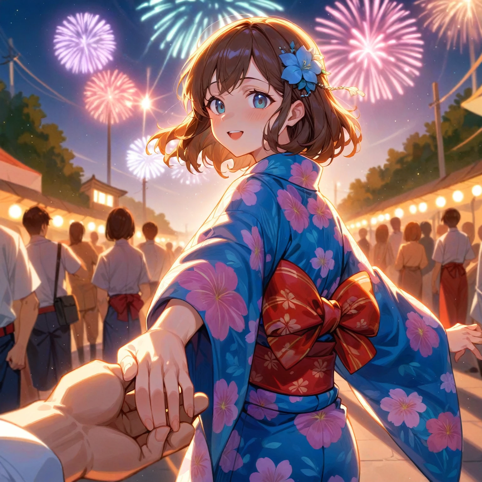 score_9, score_8_up, score_7_up, score_6_up, score_5_up, score_4_up, masterpiece, best quality BREAK 1girl、yukata、Brown Hair、Red belt、Holding out your hand, smiling, BREAK 1boy、18 yo、Take hands、BREAK Summer Festival、firework、night