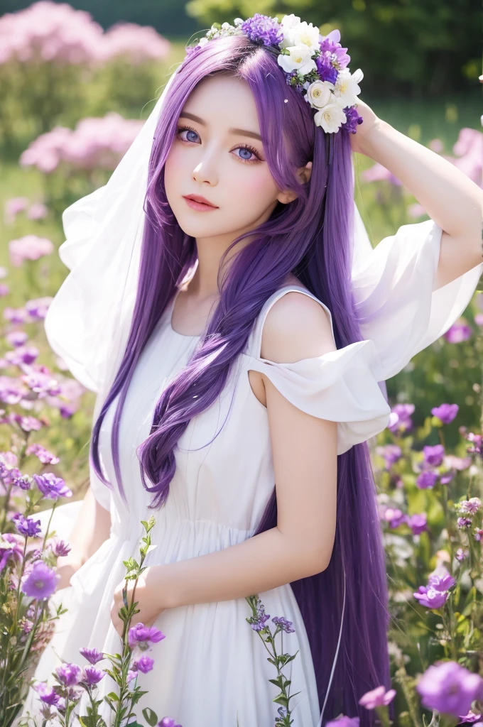 Purple Hair　Purple Eyes　Long Hair　White beauty　Dress up　True Face　Flower Field　Flowers on head