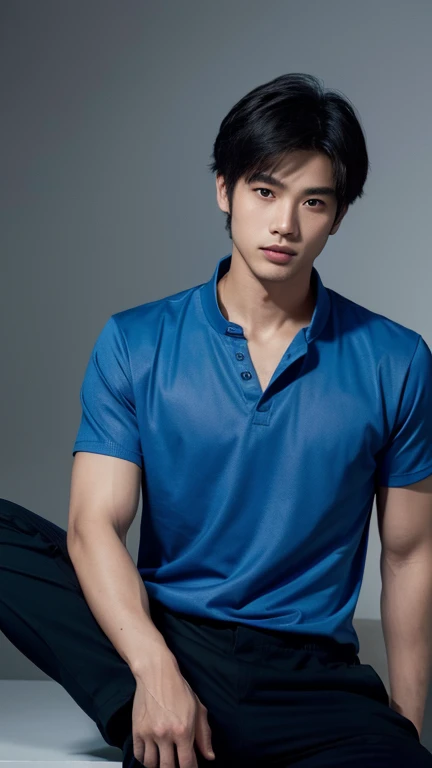 solo , 1man , thai man , blue shirt with collar , black Long pants , happy