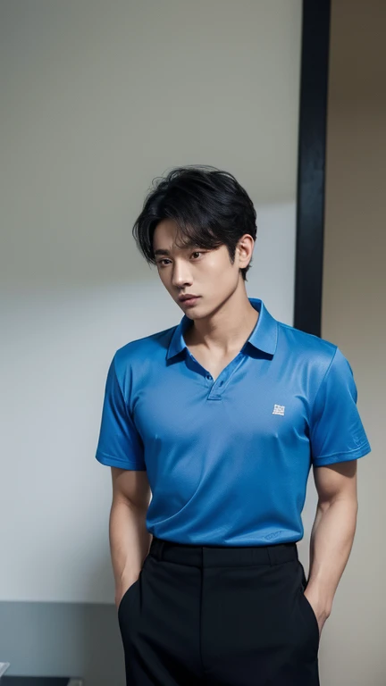 solo , 1man , thai man , blue shirt with collar , black Long pants , happy