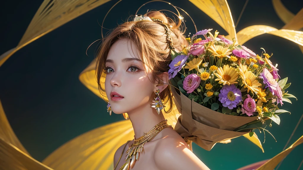 32K, 最高quality, 最高masterpiece, (ultra-Detailed Background, Detailed Background), High resolution, Super detailed, Very detailedな, One girl, (bouquet:1.3), (Tangled:1.2), (Geometric:1.2),(colorful),(masterpiece, quality, best quality, Official Art, Beautiful and beautiful:1.2), (1 girl:1.3), Very detailed,(colorful:1.1)(Flowers:1.3),Most detailed,(Tangled:1.2), whole body, (Abstract background:1.3), (Skin glows), (Many colors:1.4), ,(Earrings Jewelry:1.5), Bright yellow background,