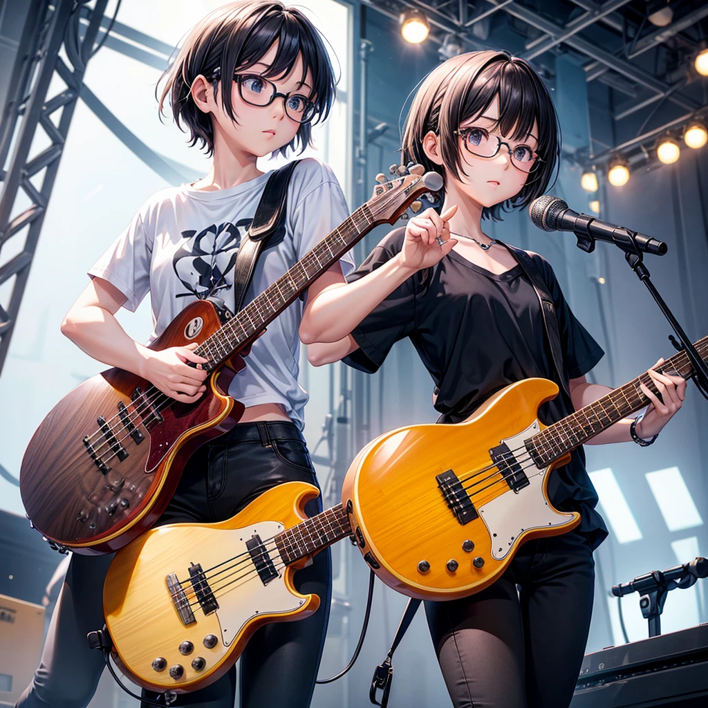 whole body、An illustration、7th life、Cute woman、Five-member girl band、Instrument playing、Two limbs each、2 guitars、Bass guitar1 person、1 drummer、Keyboard piano1 person、Plain white T-shirt、Black skinny pants、Glasses