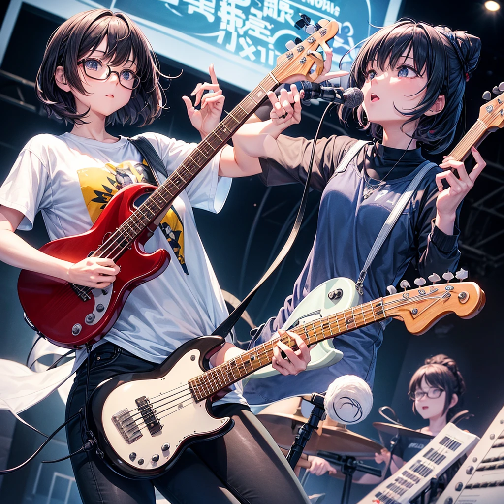 whole body、An illustration、7th life、Cute woman、Five-member girl band、Instrument playing、Two limbs each、2 guitars、Bass guitar1 person、1 drummer、Keyboard piano1 person、Plain white T-shirt、Black skinny pants、Glasses