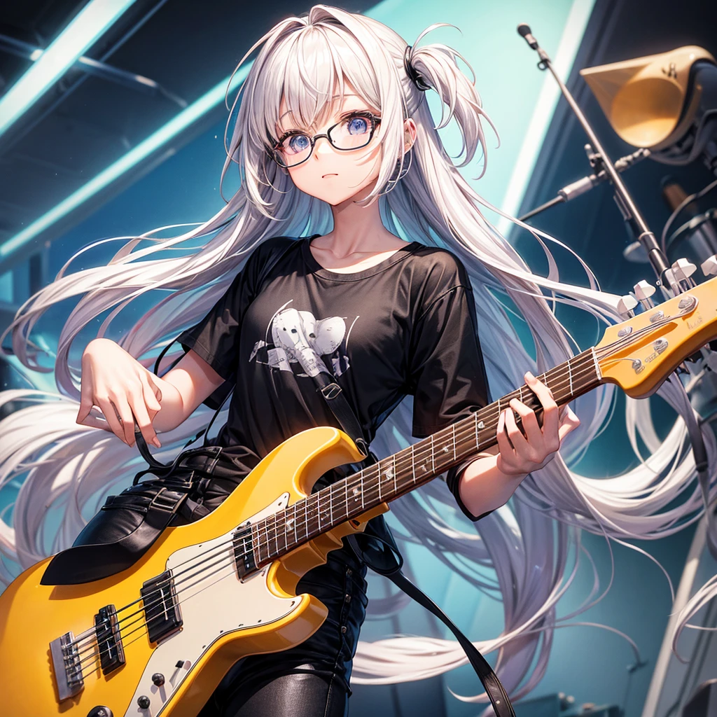 whole body、An illustration、7th life、Cute woman、Five-member girl band、Instrument playing、Two limbs each、2 guitars、Bass guitar1 person、1 drummer、Keyboard piano1 person、Plain white T-shirt、Black skinny pants、Glasses