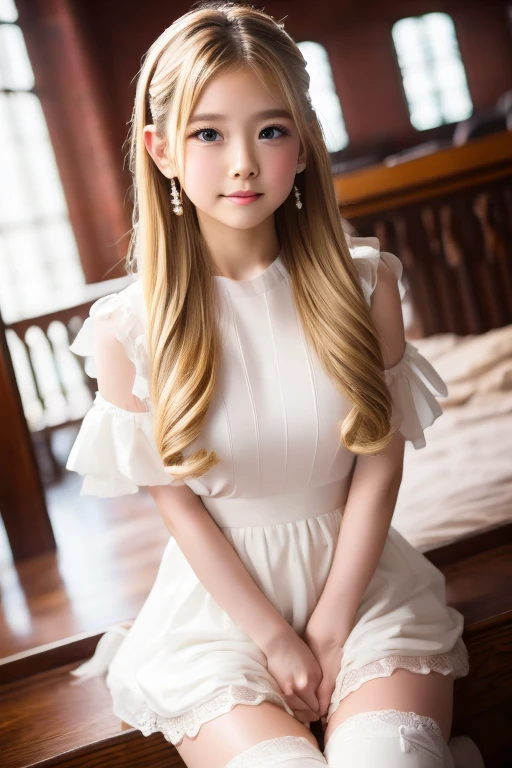 ((Highest quality)), ((masterpiece)), (detailed), Braided long hair, ((Blonde hair)), Beautiful girl,  girl, Very Cute Eyes, False eyelashes, (((Watery eye))), Blushed:1.3, Glossy thick lips, Gorgeous ring-shaped earrings, shiny snow-white skin, (microskirt), Inside the church, altar, ((legs up)), White knee-high rubber boots, 