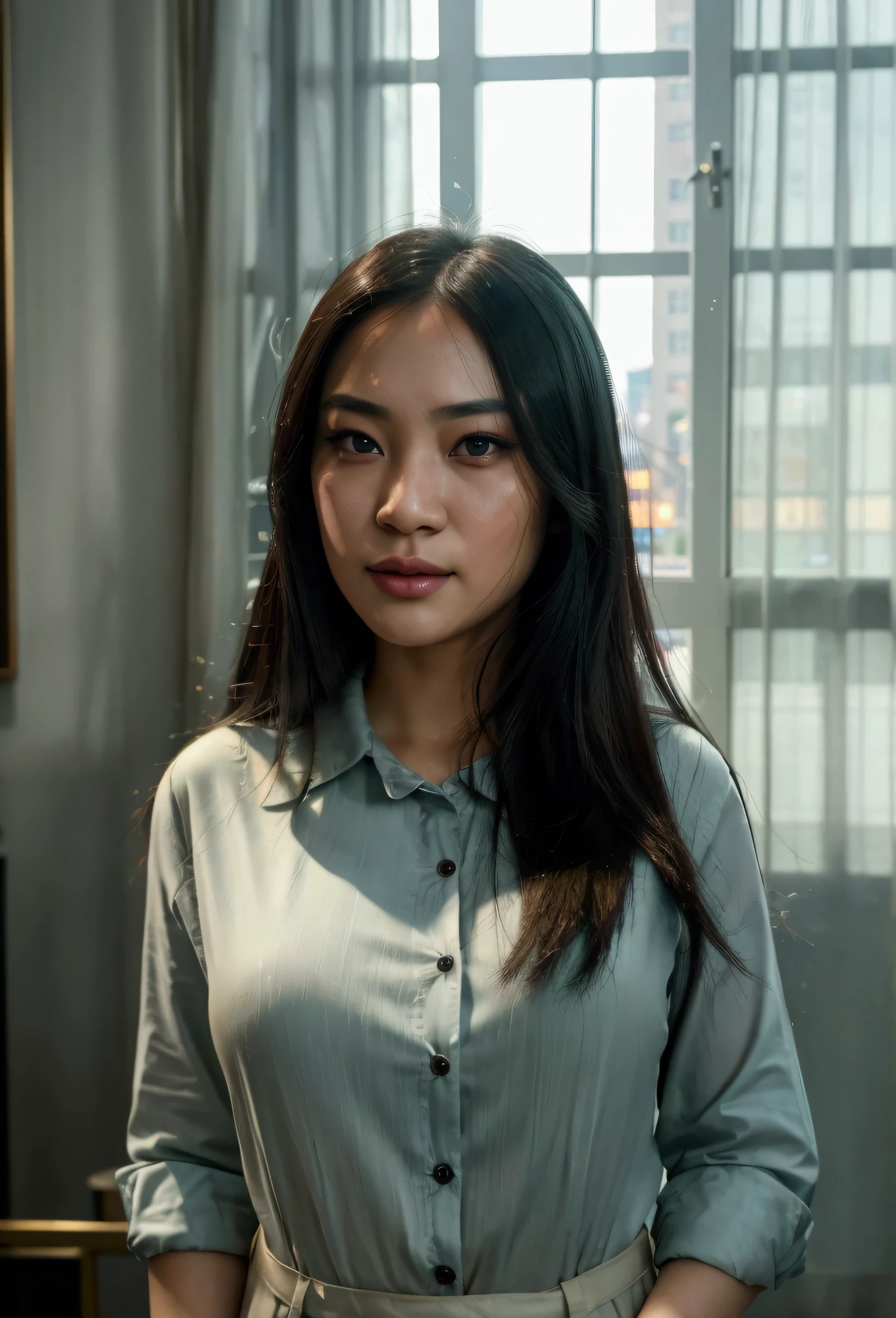 photo en gros plan, asian girl in new york street walking around, detailed eyes, detailed lips, beautiful detailed face, longeyelashes, long dark hair, indoor, cityscape, new york city, skyscraper, window, (best quality,4k,8k,highres,masterpiece:1.2),ultra-detailed,(realistic,photorealistic,photo-realistic:1.37),4k, HD, lighting,professional,vibrant colors,dramatic lighting