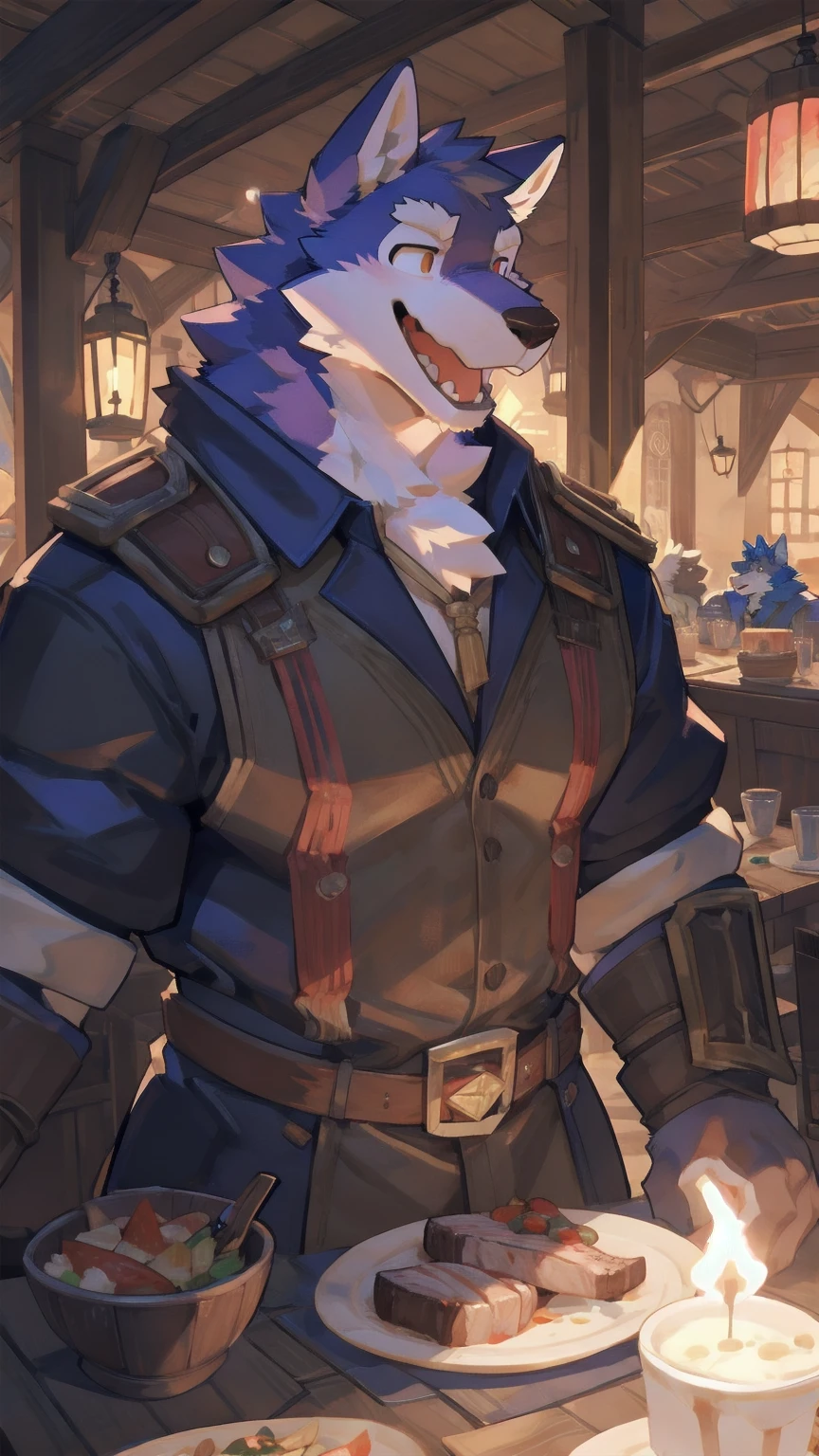Solo, male,  in tavern, by bigcozyorca, by goonie-san, by bebebebebe, by spikedmauler, facing viewer, red, purple fur, wolf, bushy tail, buff, adventurer armor, fantasy tavern background, open mouth, detailed mouth, closed mouth grin, drooling over fancy dinner, hungry expression, about to eat steak dinner.