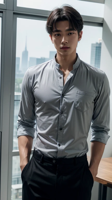 solo , 1man , thai man , grey Button-down shirt with collar , black Long pants , happy