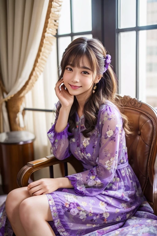 Solo Shot、Random Hairstyles, Iris, Fair skin, Face like goose eggs, Attractive facial features, smile,Sitting in a chair,indoor,Bed in the background、A loose purple floral dress,sit with legs together,Place your hands together on your lap、Facing forward、