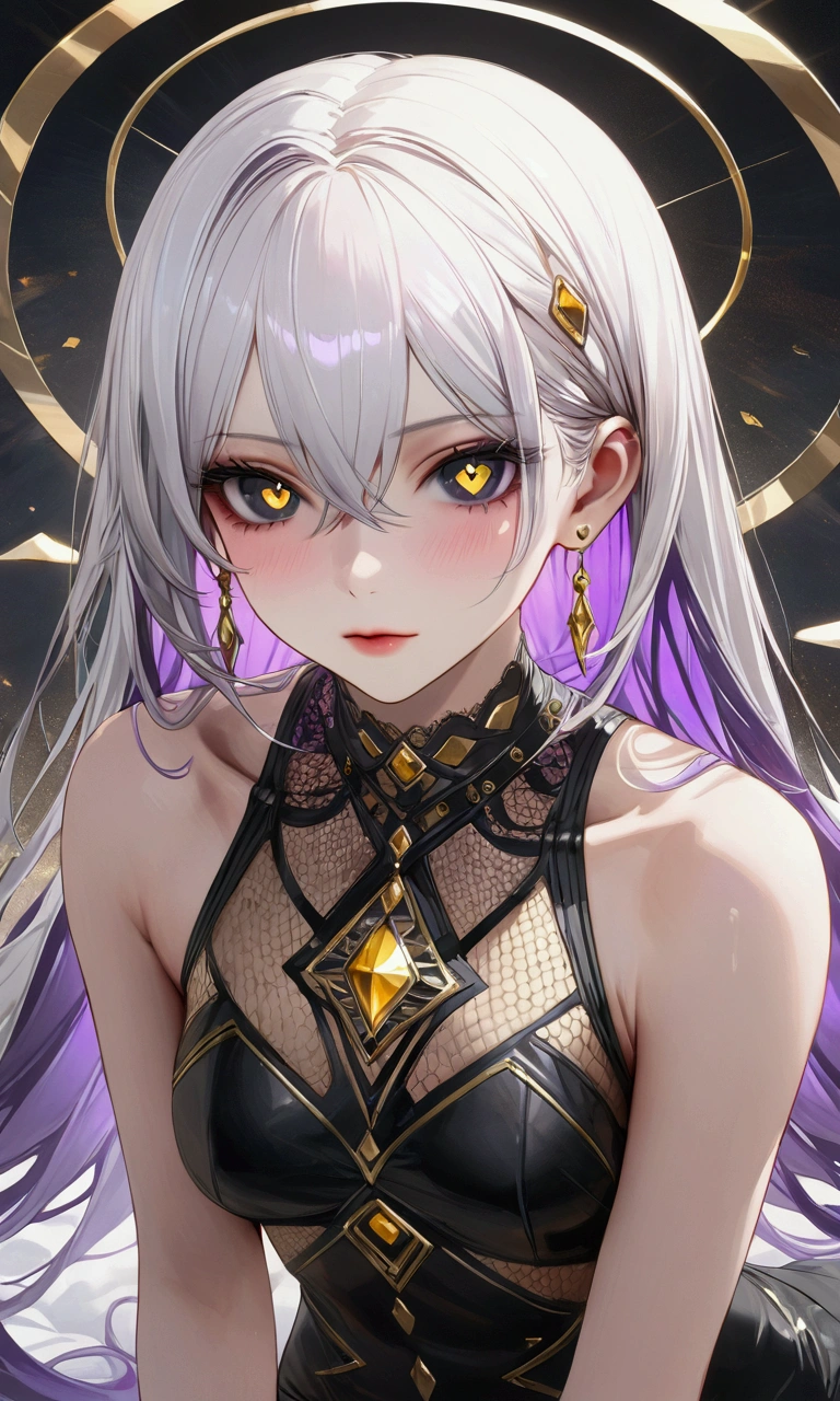 white hair, inner colored purple hair, black eyes, golden diamond-shaped pupils, slender and athletic built, masterpiece, super detail, best quality, 8k,semi-realistic