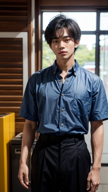 solo , 1man , thai man , blue Button-down shirt with collar , black Long pants , happy