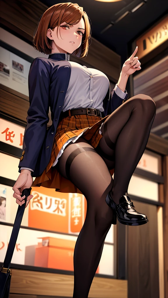 (high res, 8K, masterpiece, looking at viewer, best quality, very aesthetic, ultra detailed, ultra background, ultra Eyes), intricate details, 1girl, Nobara Kugisaki, The jujutsu  consists of a dark blue bukakuran-style top, a button-up jacket, a matching long skirt that reaches just above the knee, wearing black stockings, brown shoes along with the signature brown belt that holds jujutsu equipment, Short brown hair, orange Eyes, Angry Face, in front of a clothing store, pointing to clothes in the shop, Background City, Cinematic Angle